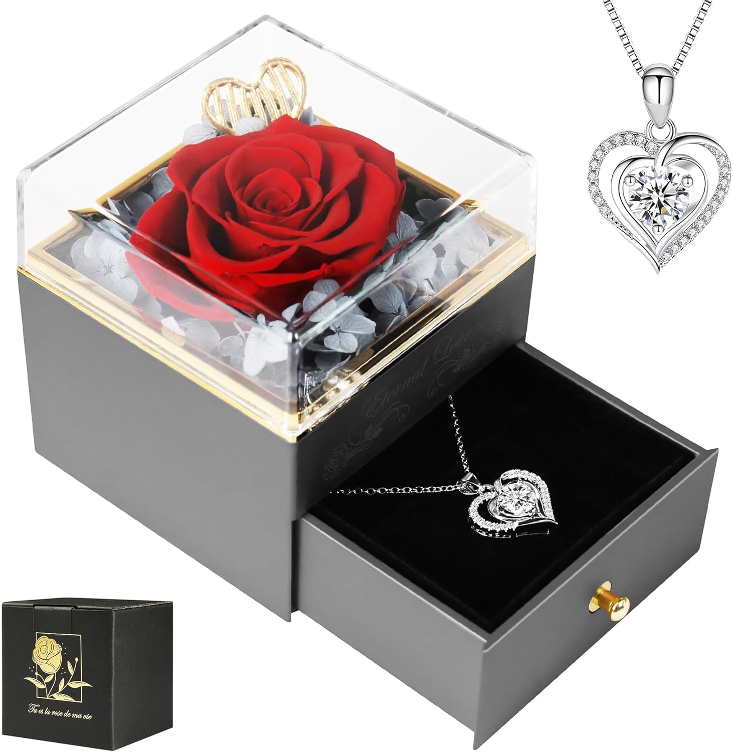 Eternal Red Rose with Heart Necklace – Romantic Gift for Wife, Girlfriend, Mom, Anniversary, Valentine's Day, Birthday, Preserved Flower & Jewelry