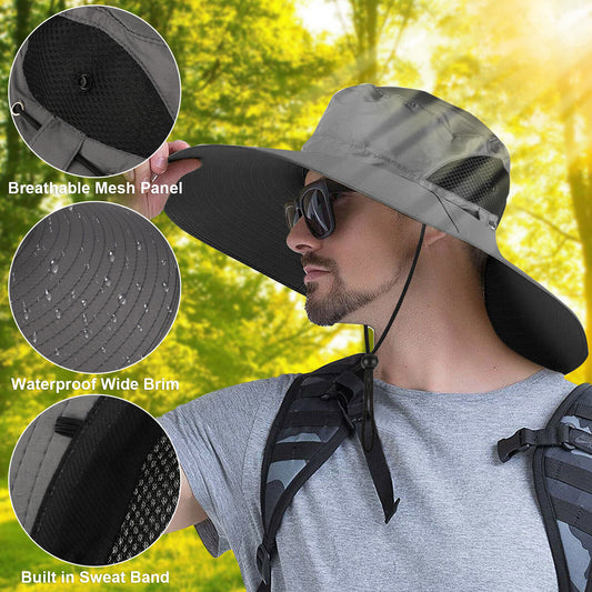 Wide Brim Sun Hat UV Protection Bucket Cap with Neck Flap for Hiking Camping Men