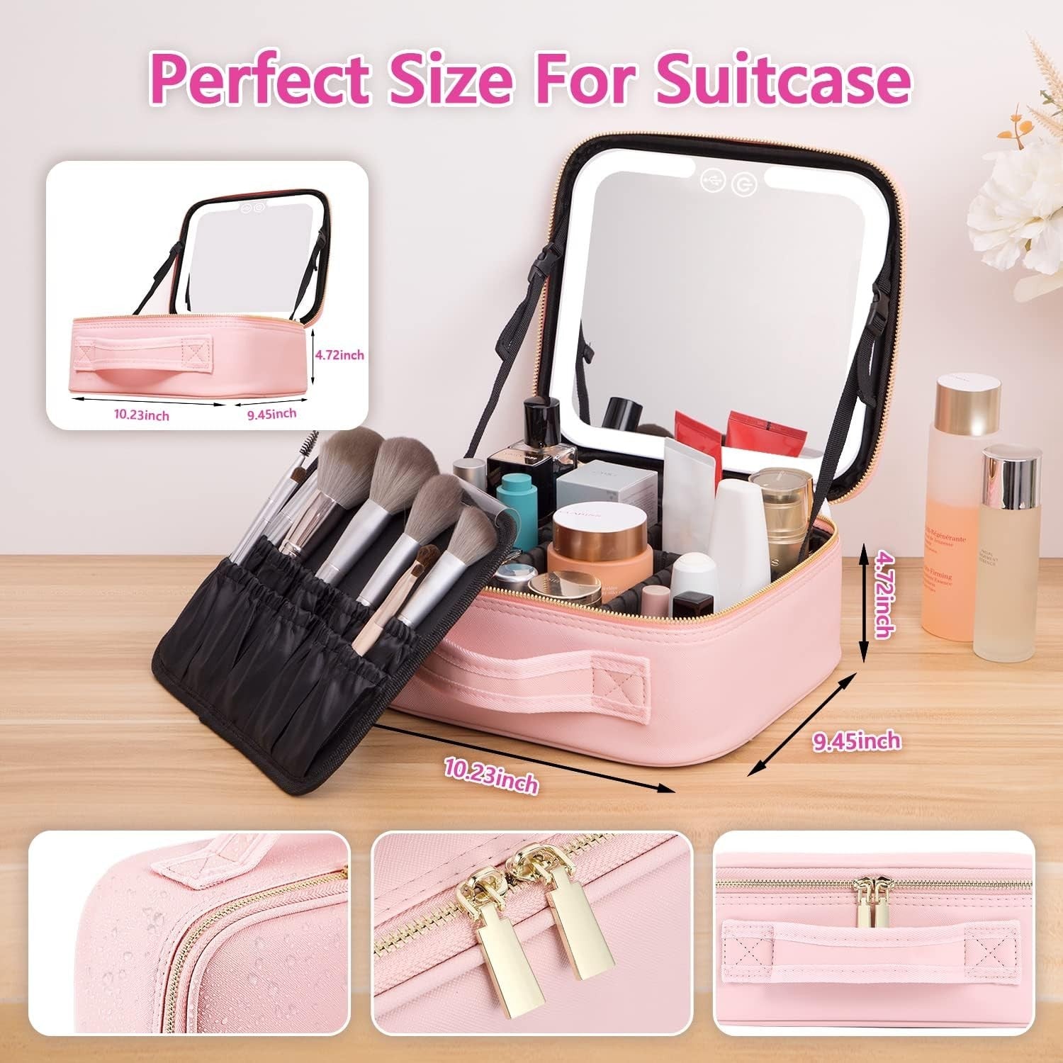 Travel Makeup Bag with LED Lighted Makeup Case with Mirror 3 Color Setting