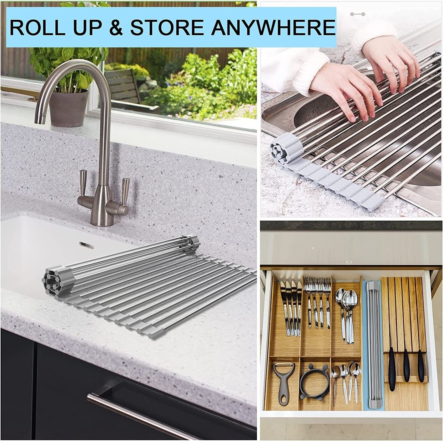 Large Kitchen Over Sink Drying Rack | Stainless Steel Roll-Up Dish Drainer & Cutting Board | Multi-Functional Space-Saving Food Prep Solution