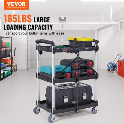 VEVOR Foldable Utility Service Cart 3 Shelf 165LBS with Swivel Lockable Wheels