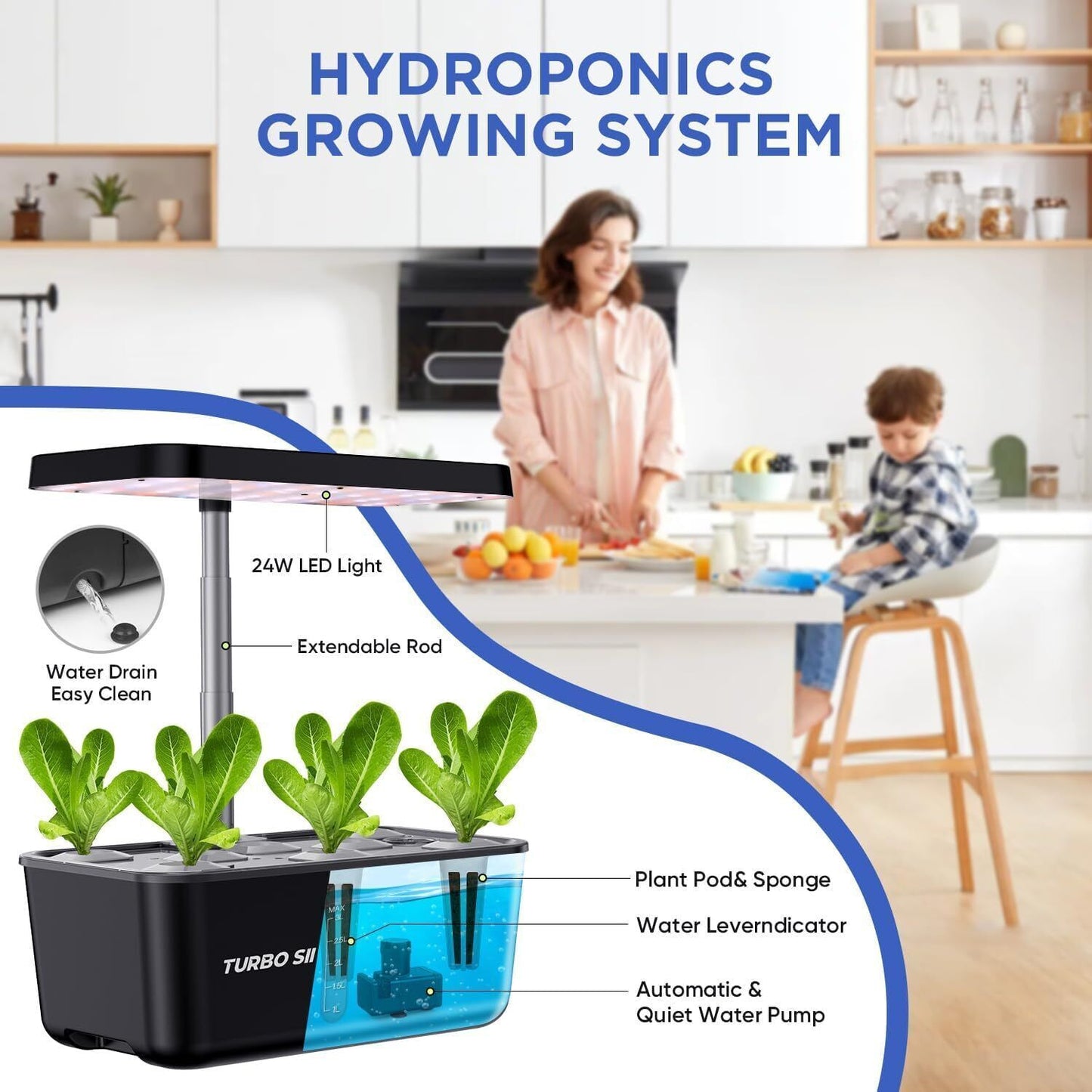 Hydroponic Growing System with LED Grow Lights - 8 Pods, 3L Water Tank, Full Spectrum for Veggies, Herbs, Flowers & Fruits - Indoor Smart Garden Kit