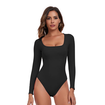 Women's Ribbed Bodysuit Sexy Square Neck Long Sleeve One-Piece Stretchy Soft Casual Comfort Fabric Fit Knit Womenswear Seamless Tops Spandex Basic