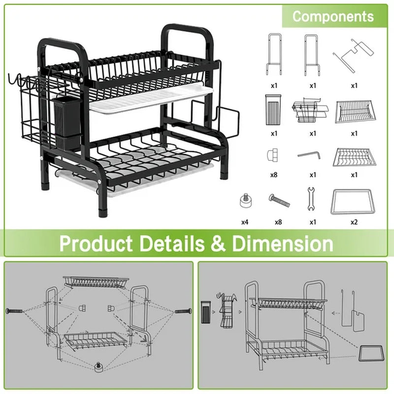 Over Sink Dish Drying Rack 2-Tier | Stainless Steel Kitchen Dish Rack with Drainboard, Utensil Holder, Cutting Board Rack | Space-Saving Organizer