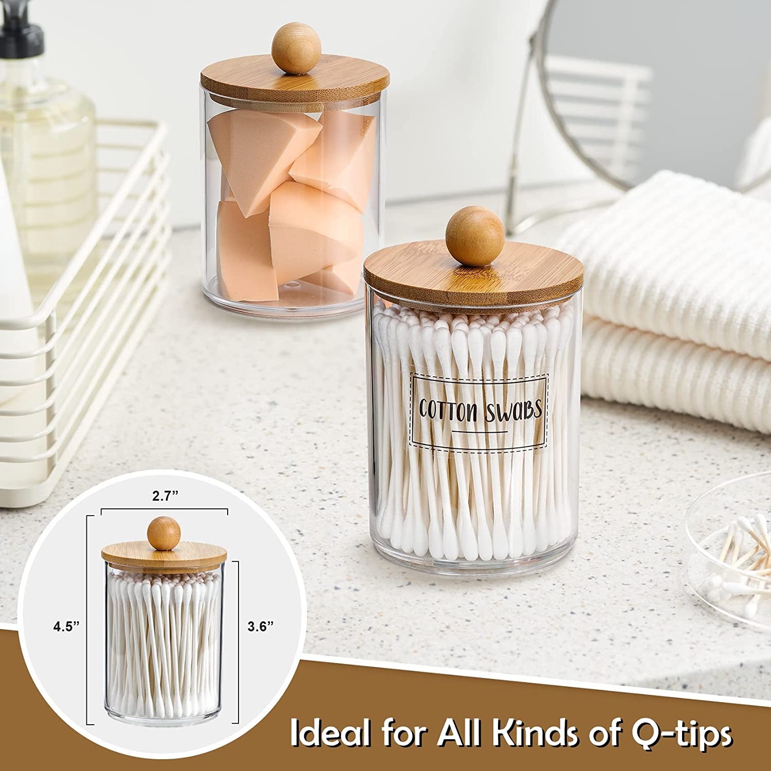 4 Pack Qtip Holder Dispenser with Bamboo Lids - 10 Oz Clear Plastic Apothecary