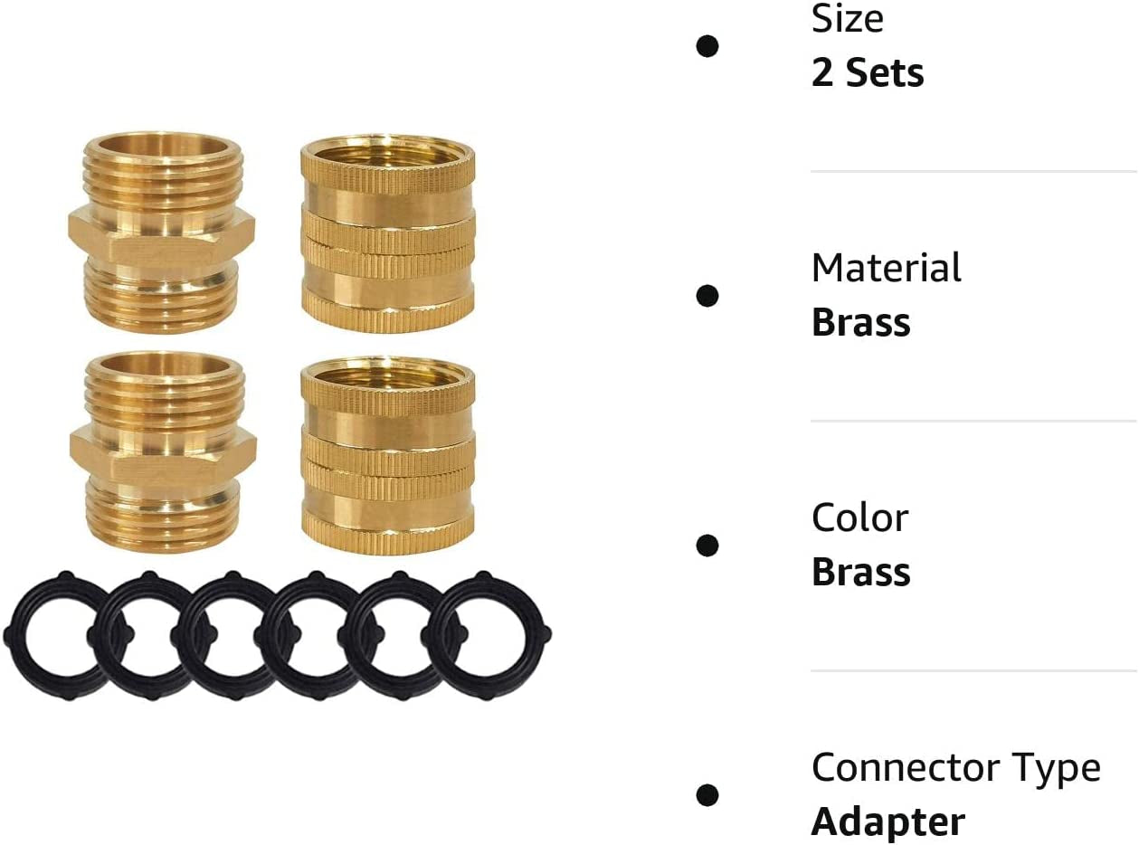 Heavy Duty Brass Garden Hose Adapters 4-Pack, Male to Male & Female to Female 3/4” Couplers, Durable, Leak-Free Connectors with Extra Washers