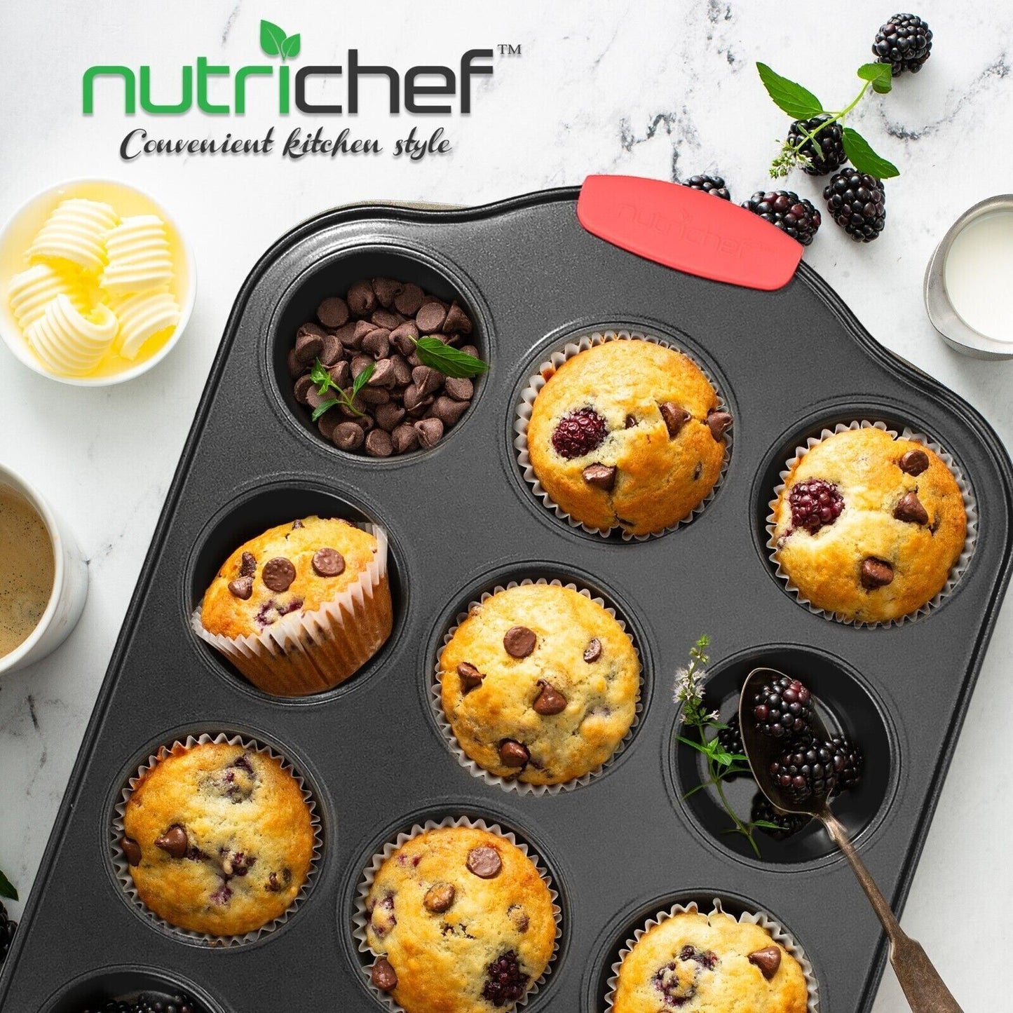 Nutrichef 12 Cup Muffin Pan - Deluxe Nonstick Gray Coating inside & Outside