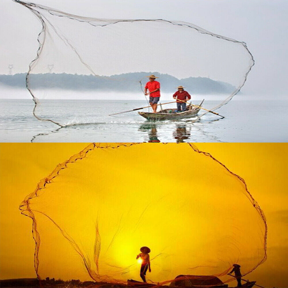 Easy Throw Fishing Cast Net, Durable Nylon Mesh with Aluminum Ring & Zinc Sinkers, Long Rope for Bait & Fish Catching Success!