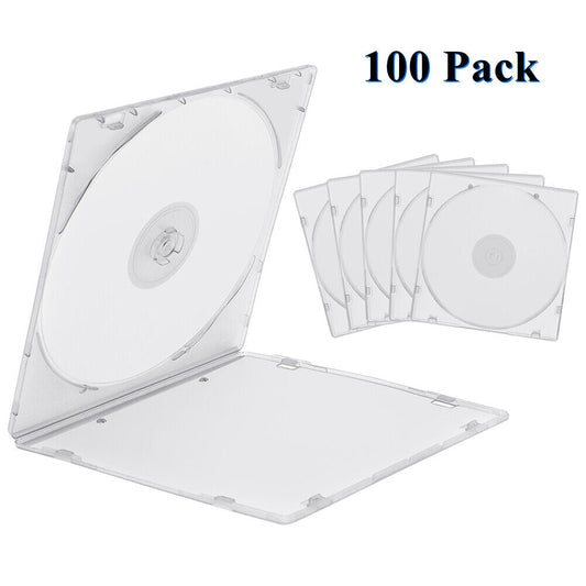 100 Pack Clear Slim CD/DVD Cases – Durable Poly Plastic Storage Box, Lightweight & Shatterproof for Disc Organization, Media Protection & Travel