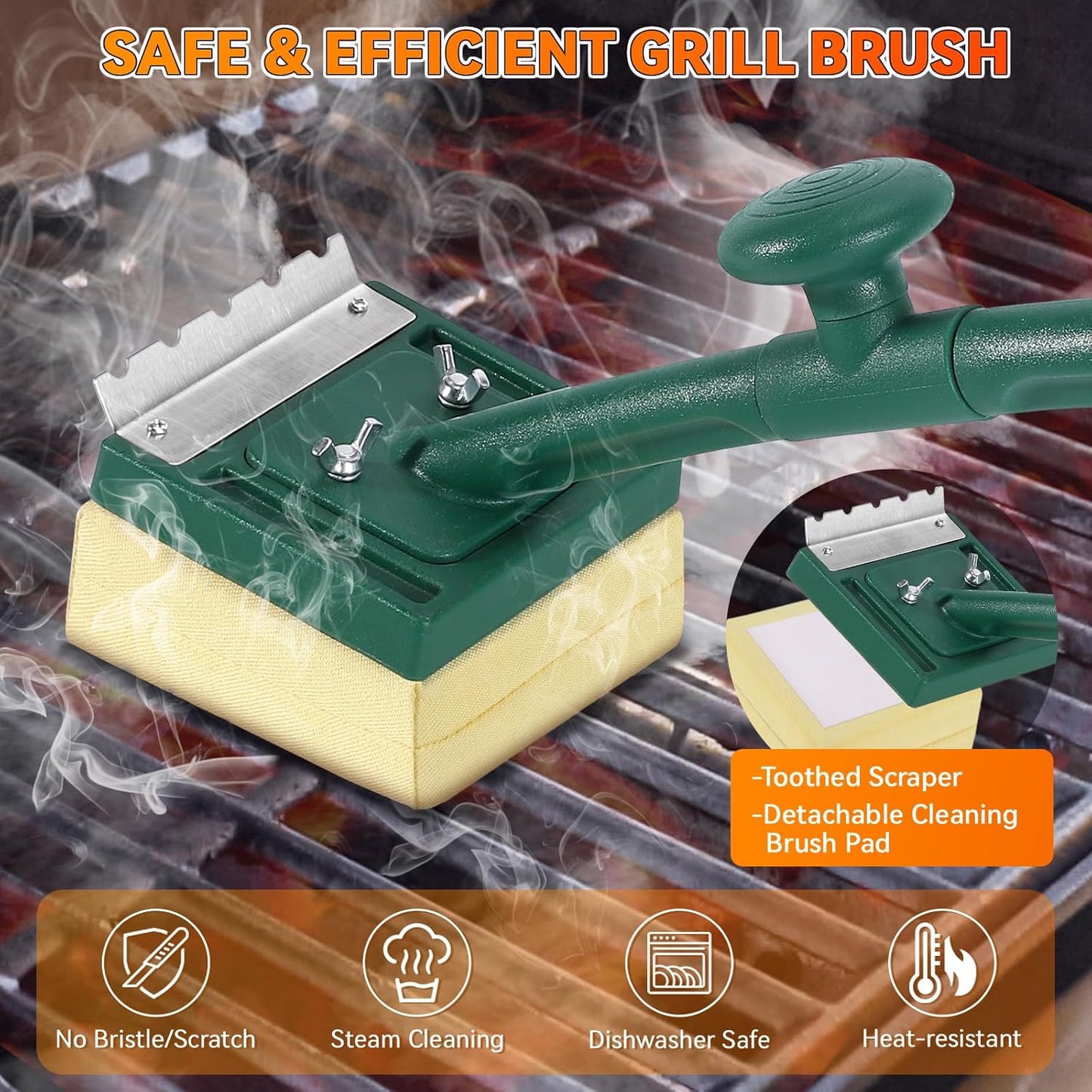Bristle Free Grill Brush with Scraper 22 Inch Long Handle and Replaceable Head