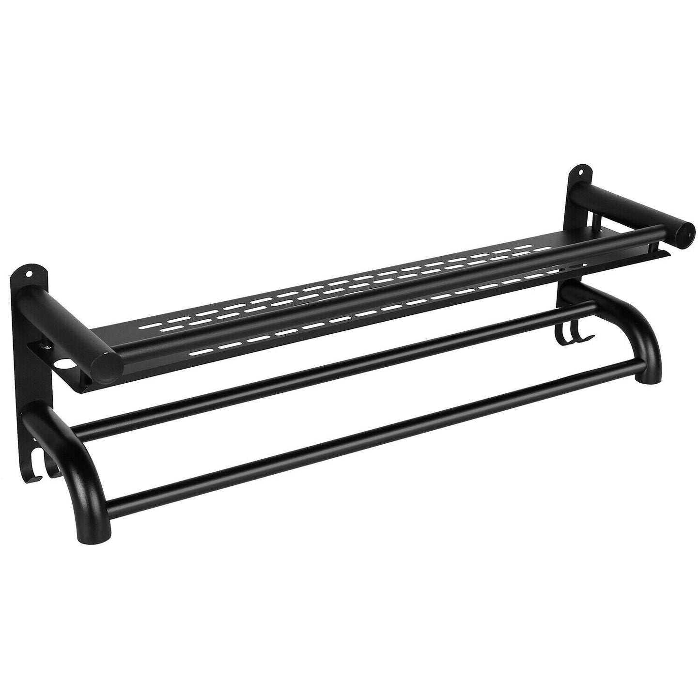 23.6'' 2-Tier Wall-Mounted Towel Rack - Matte Black Bathroom Organizer with Storage Shelf, Dual Bars, Hooks, Corrosion-Resistant & Easy Install