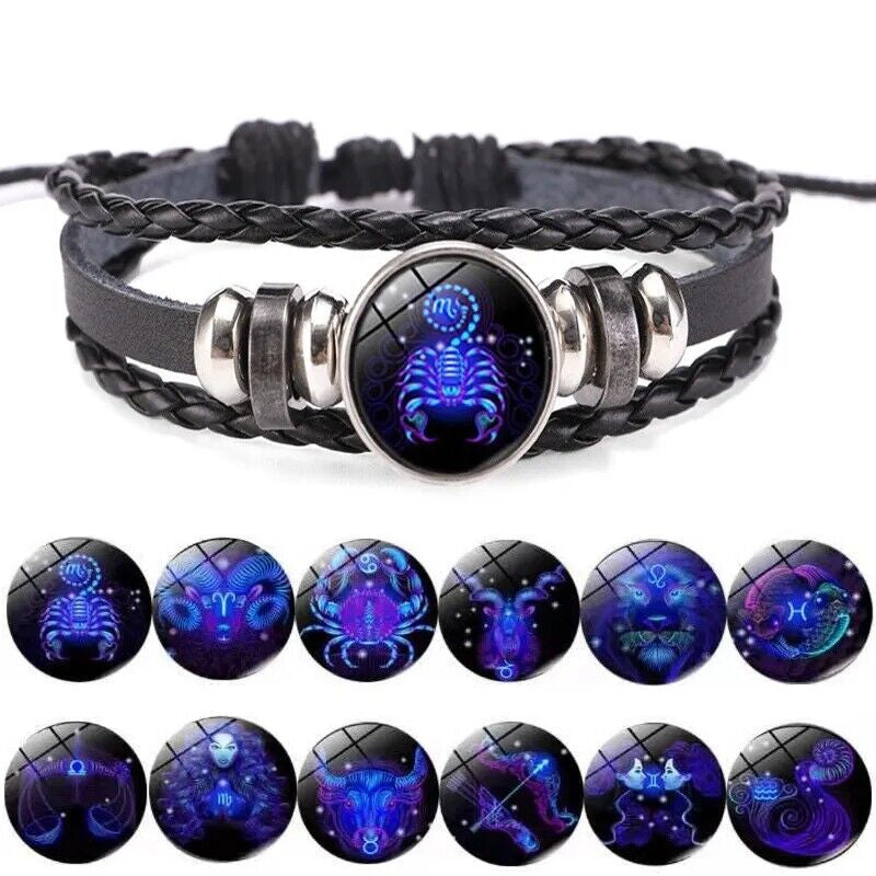 Leather Bracelet Bangle for Men Woman with Signs of the Zodiac Astrology Luminou