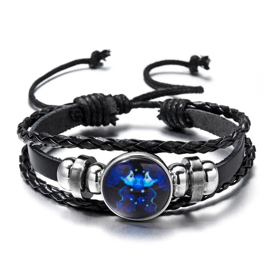 Leather Bracelet Bangle for Men Woman with Signs of the Zodiac Astrology Luminou