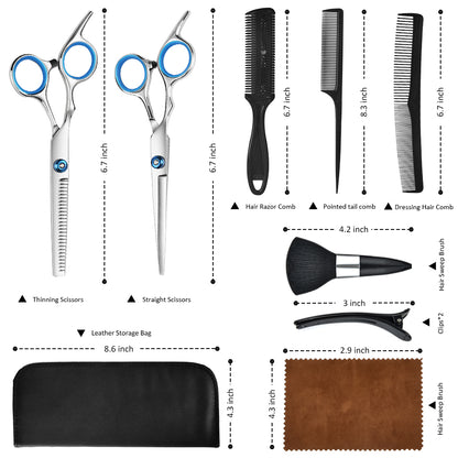 Professional Hair Cutting Scissors Set - Barber Shears & Thinning Scissors | Adjustable Brush Comb Haircare Kit Lightweight Stainless Steel Salon