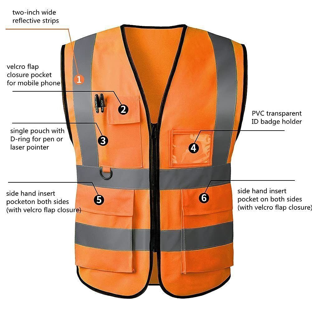 High Visibility Safety Vest with Reflective Stripes, 5 Pockets, Security Workwear – Stay Safe & Seen, Perfect for Construction, Cycling, Night Running