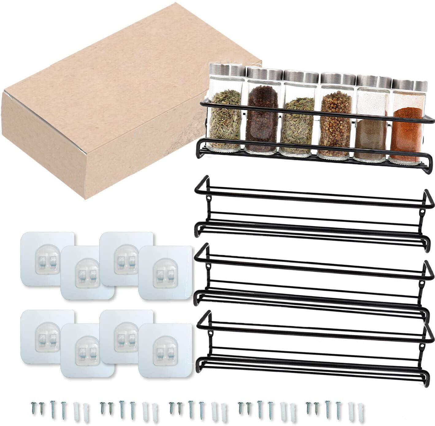 4 Pack Kitchen Spice Rack Organizer | Wall Mount Installation Storage Shelf Jar Holder | Cabinet Canister Organizer | Matte | Perfect Gift for Friends