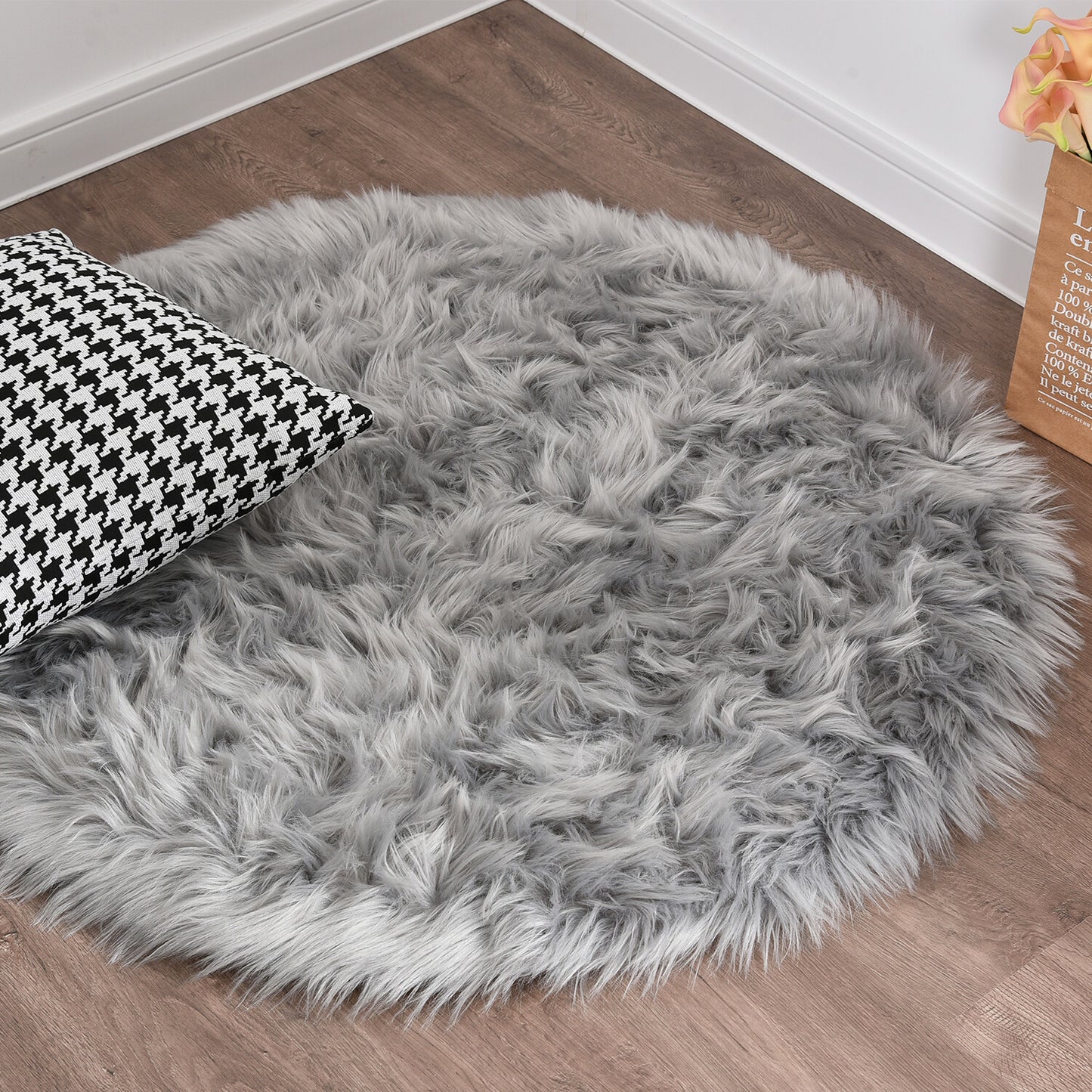 Faux Fur Sheepskin Fluffy Area Rugs round Shaggy Carpet for Bedroom Living Room