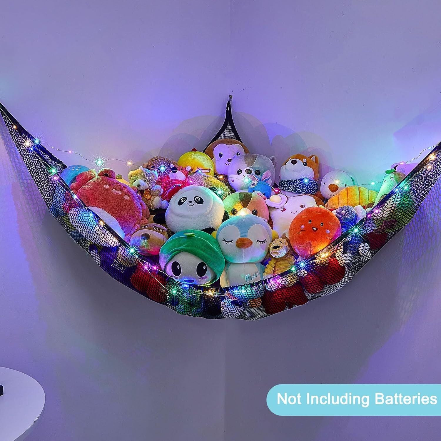 LED Light Hanging Stuffed Animals Organizer, Hammock with LED Lights – Large Corner Toy Net Storage Organizer for Kids Room, Nursery, Playroom 