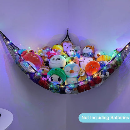 LED Light Hanging Stuffed Animals Organizer, Hammock with LED Lights – Large Corner Toy Net Storage Organizer for Kids Room, Nursery, Playroom 