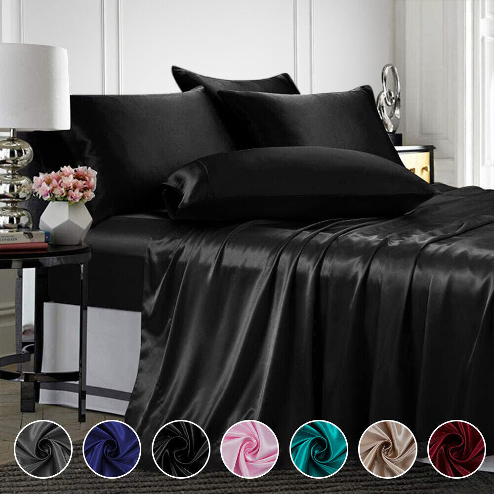 4-Piece Satin Silk Sheet Set - Luxury Wrinkle-Resistant Deep Pocket Bed Sheets, Soft & Breathable for All Seasons, Fits Mattresses Up to 14"