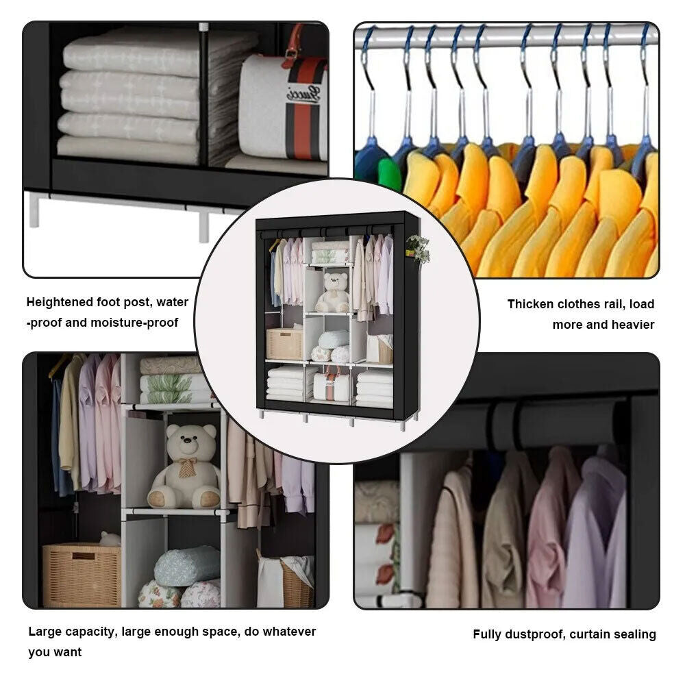 Heavy Duty Portable Closet Organizer Wardrobe Clothes Shoe Clothes Rack W/ Cover