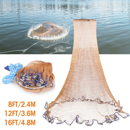 Easy Throw Fishing Cast Net, Durable Nylon Mesh with Aluminum Ring & Zinc Sinkers, Long Rope for Bait & Fish Catching Success!