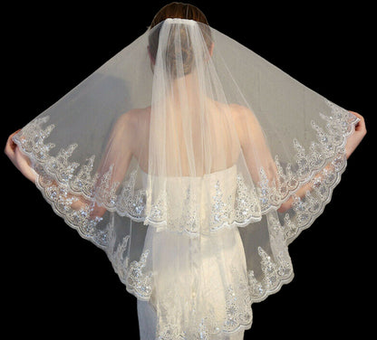 Long Wedding Veil with Comb – Bridal Veil Sequins Luxury Veil, Lace Appliques, Elegant Lace Edge, Perfect for Brides & Weddings