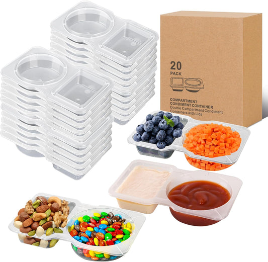 20 Sets Reusable Snack Containers 2 Compartment Condiment Container with Lids Sn