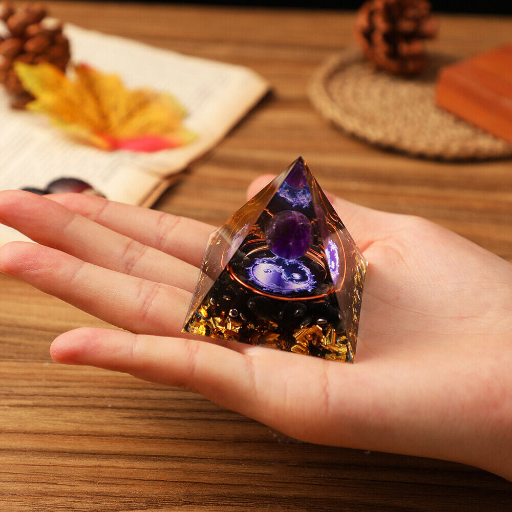 EMF Protection Orgonite Pyramid - Amethyst & Peridot Healing Crystal, Energy Orgone, Spiritual Decor, Positive Vibes, Stress Relief Home & Office Gift