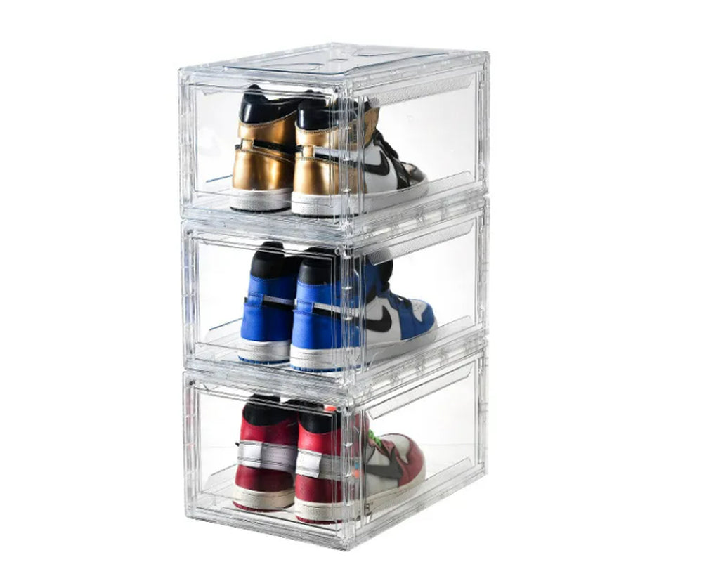 Acrylic Shoe Organizer - Clear Magnetic Stackable Sneaker Storage Box Front Open Display Case, Fits Up to Men’s Shoe Size, Durable Room Gift Accessory