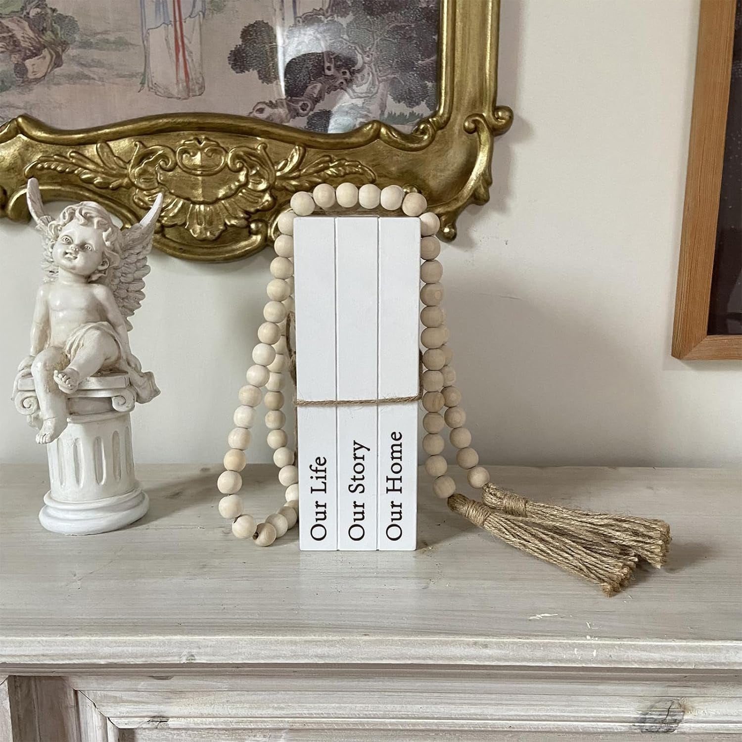 Wood Bead Garland Decorative Books for Home Decor, White Faux Books for Decoration, Rustic