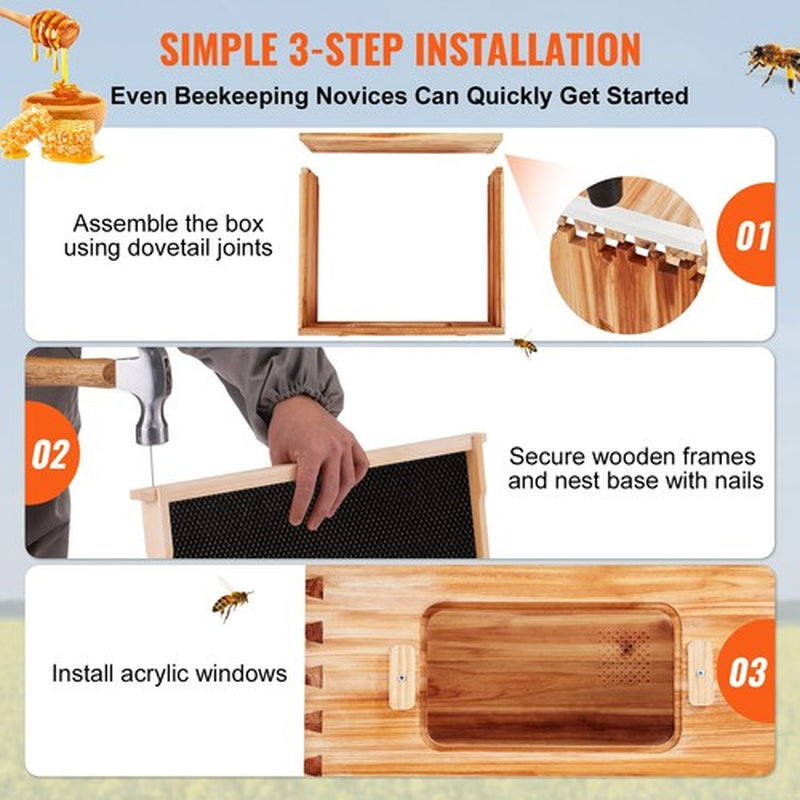 Langstroth Bee Hive Starter Kit, Beekeeping Hive with Transparent Bee Windows & Beeswax Coated Cedar Wood – 20 Frame Durable Outdoor Bee Box 