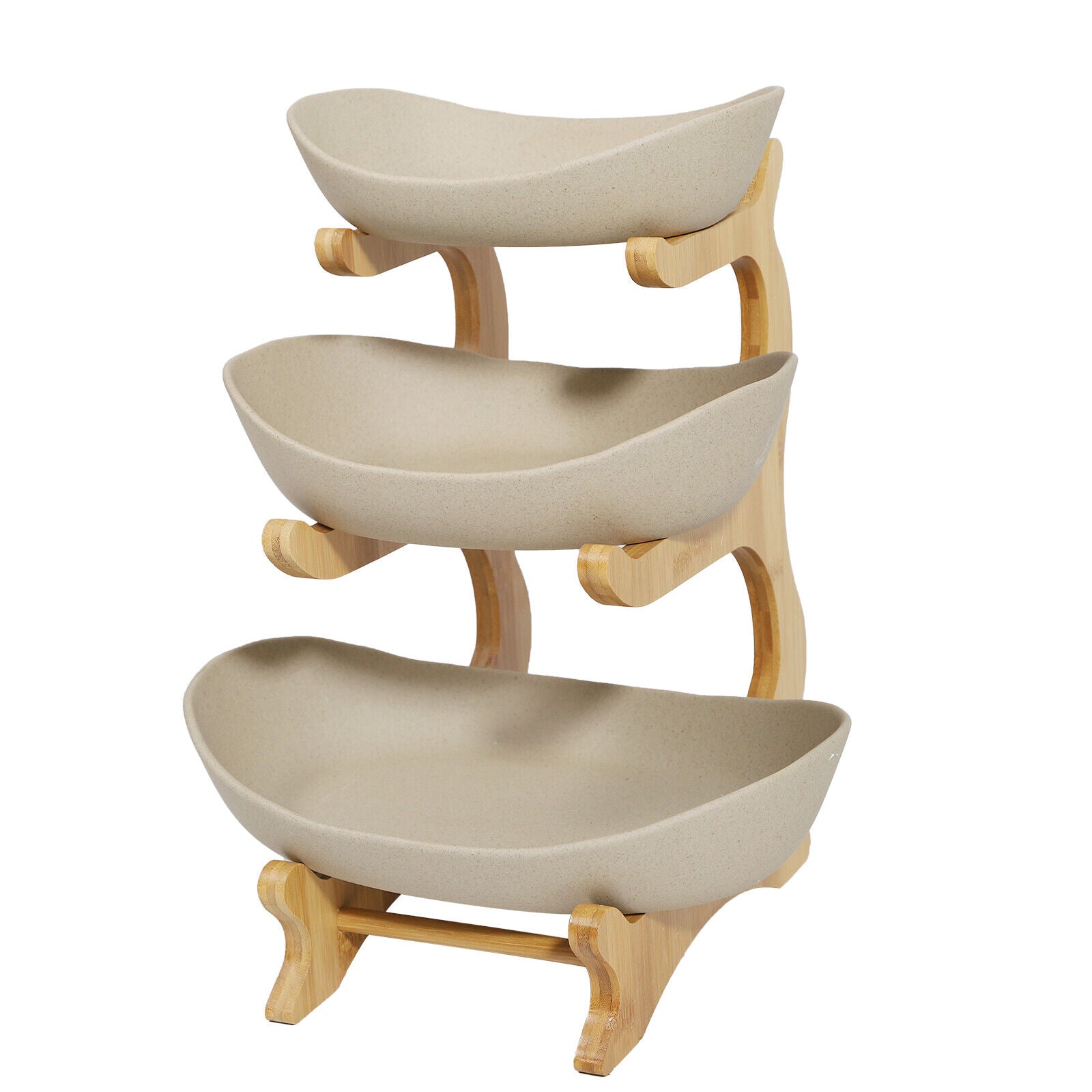 3-Tier Fruit Tray Storage Rack – Bamboo & Ceramic Stand for Snacks, Candy, Sushi – Elegant Display for Home, Parties, Weddings & More (White/Brown)