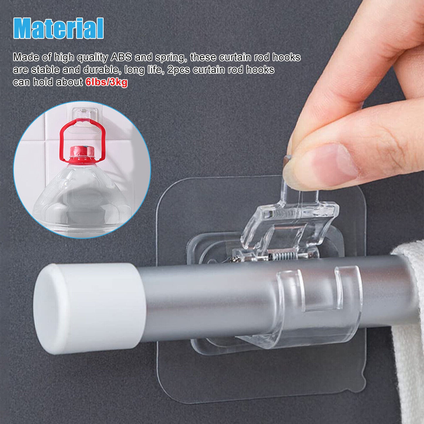 8PCS Nail Free Adjustable Curtain Rod Clip Brackets Self Adhesive Holder Hooks