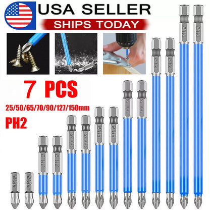 Magnetic Screwdriver Bit Set, 7Pc PH2 Anti-Slip Hex Shank, S2 Alloy Steel, Strong Grip, Screw Extractor & Driver for Woodworking, Auto & DIY Repairs