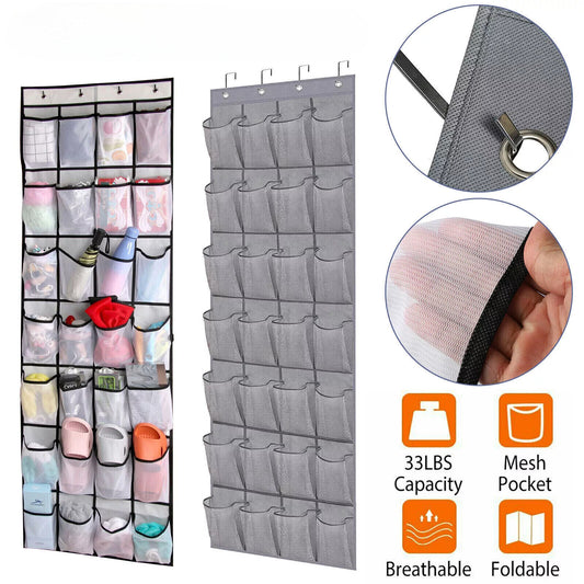 Over the Door Shoe Organizer - 28 Large Pockets for 14 Pairs of Shoes, Space-Saving Hanging Storage for Closet, Bedroom, Fits Most Doors with Hooks