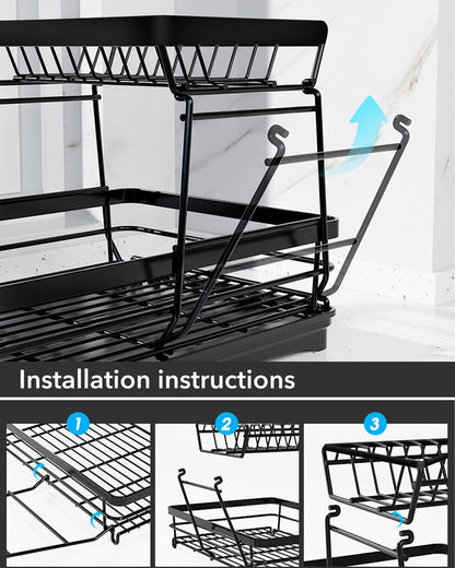 Dish Drying Rack 2-Tier Kitchen Organizer | Space-Saving Drying Rack w/ Drainboard, Rotatable Drain Tray, Utensil Holder, Rustproof & Easy Install