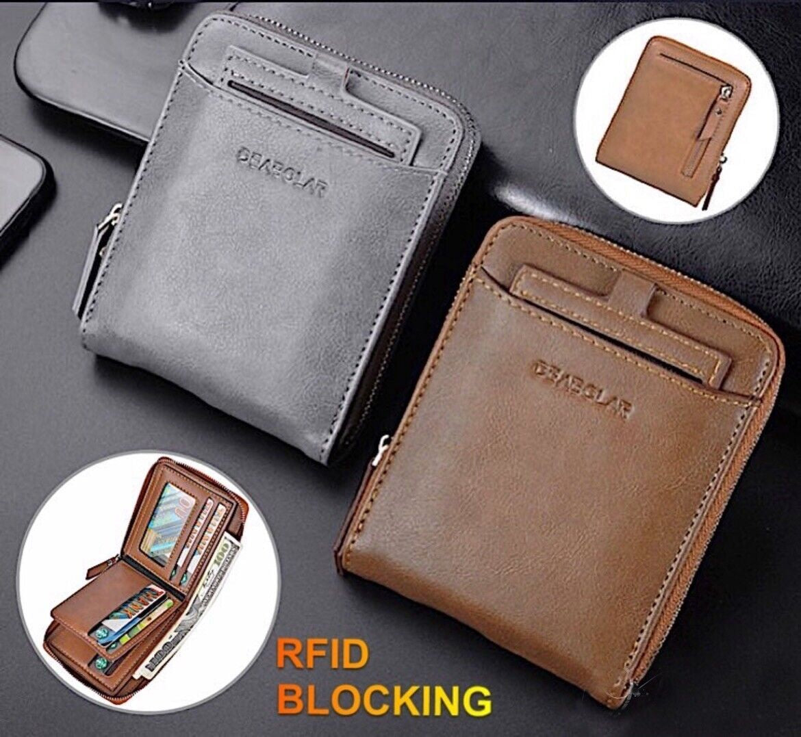 Men RFID Blocking Leather Bifold Wallet Credit Card ID Holder Zip around Purse