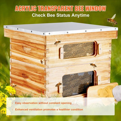 Langstroth Bee Hive Starter Kit, Beekeeping Hive with Transparent Bee Windows & Beeswax Coated Cedar Wood – 20 Frame Durable Outdoor Bee Box 