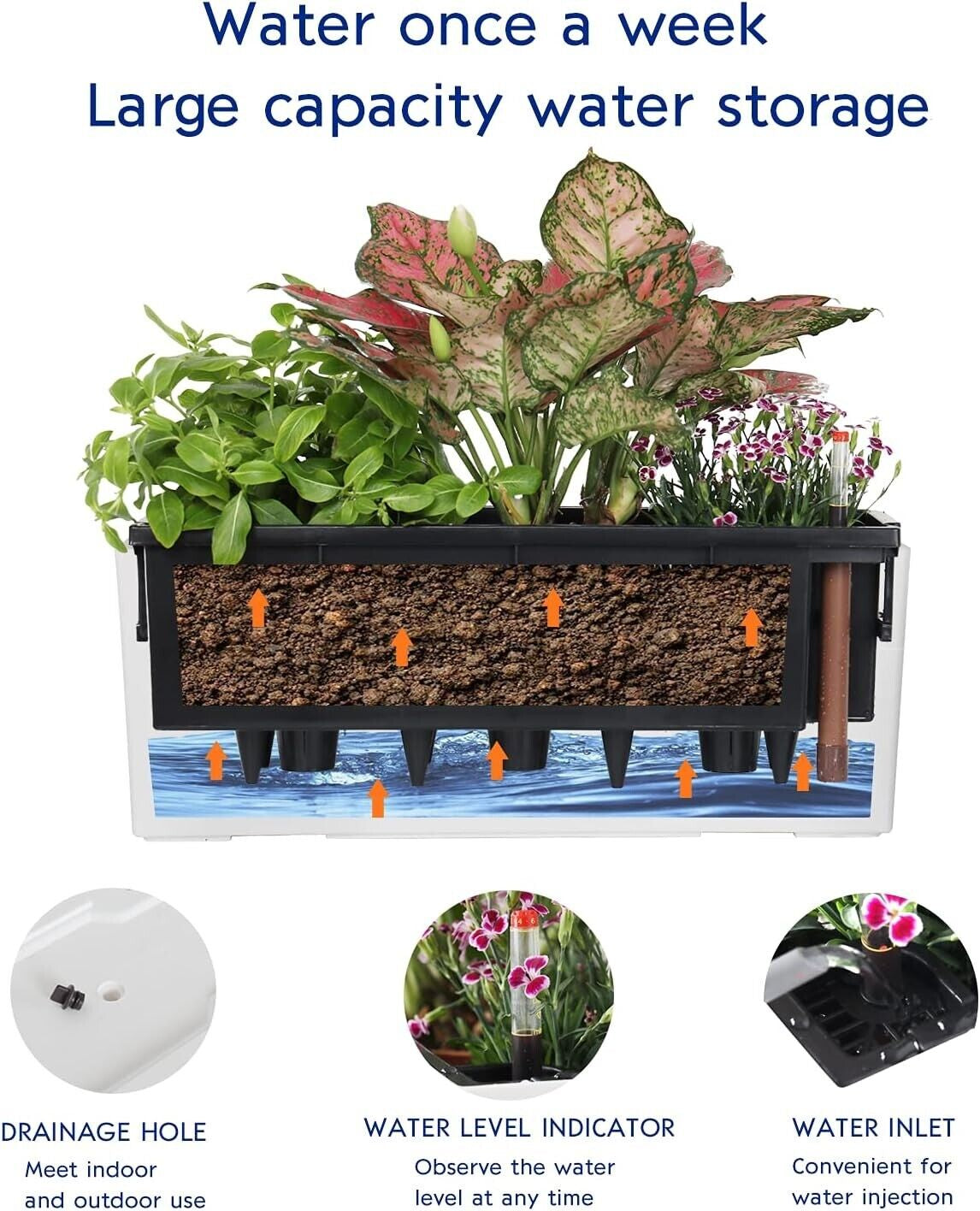 Self Watering Planter Box 20" – Indoor Outdoor Rectangle Pot with Coco Coir Soil, Water Level Indicator, Modern Decorative Flower & Herb Garden