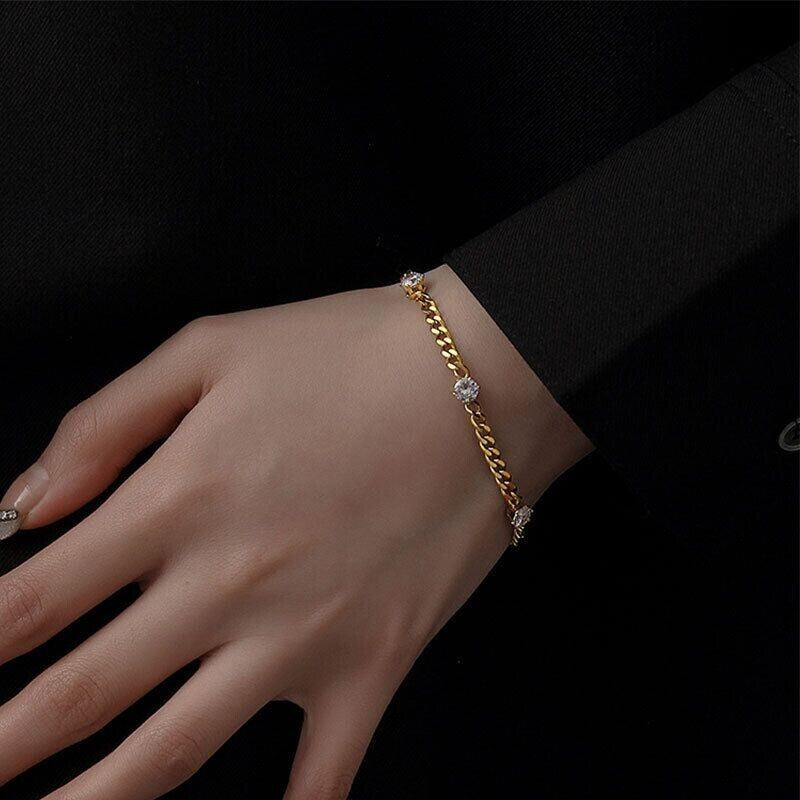 18K Gold Plated Cuban Bracelet Women's Adjustable CZ Curb Chain Bangle, Waterproof Stainless Steel, Tarnish-Free, Luxury Jewelry for Everyday Wear