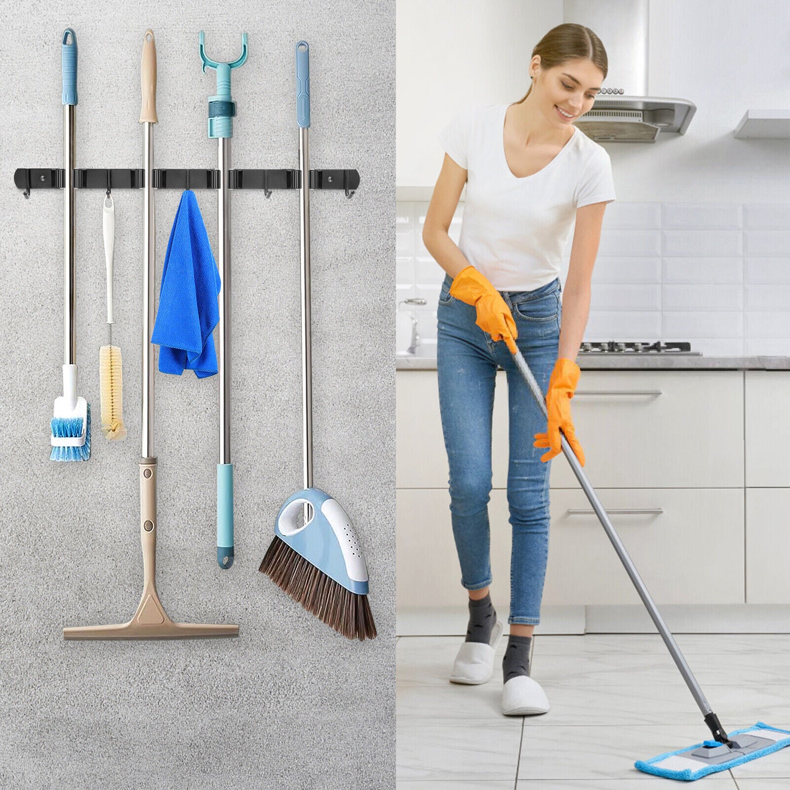 Broom Hanger Mop Holder Wall Mount Heavy Duty Garden Kitchen Tool Organizer Rack