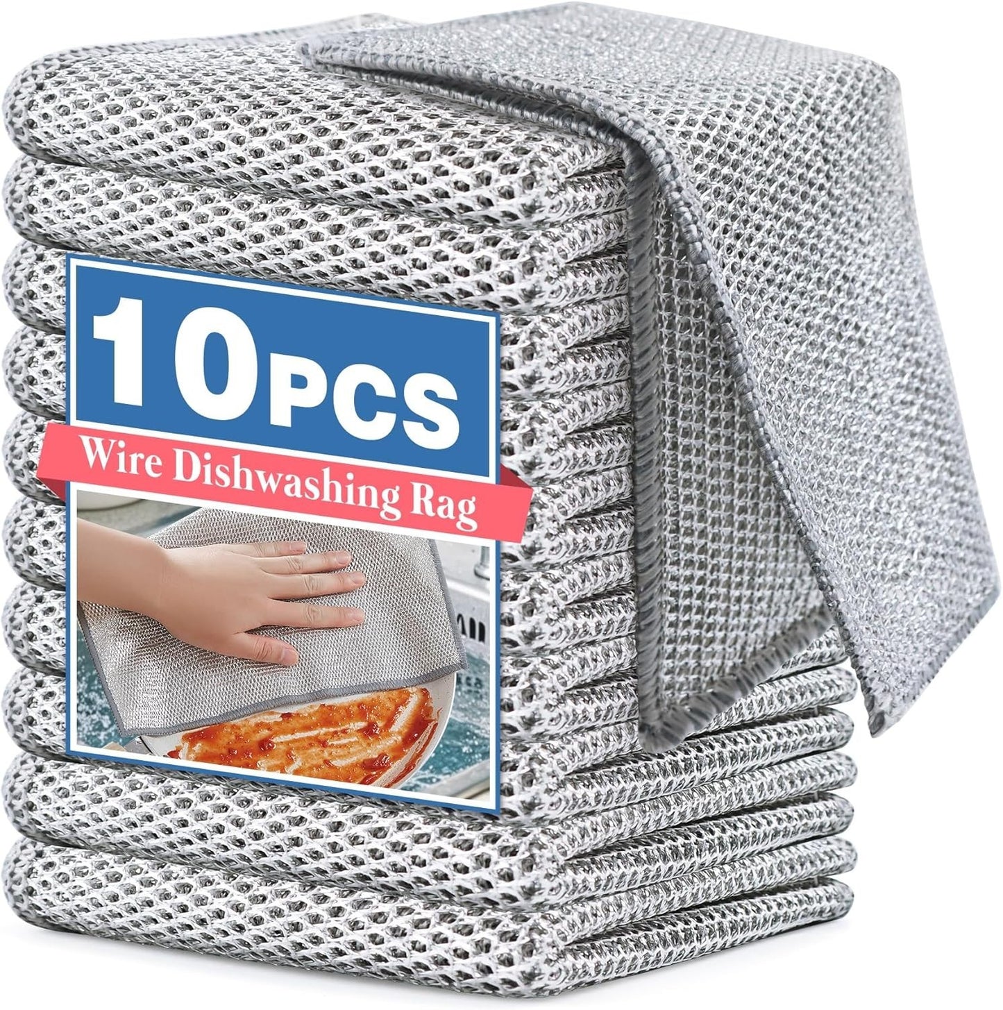 10Pcs Multipurpose Wire Dishwashing Rags - Non-Scratch Scrubbing Cloths - NEW