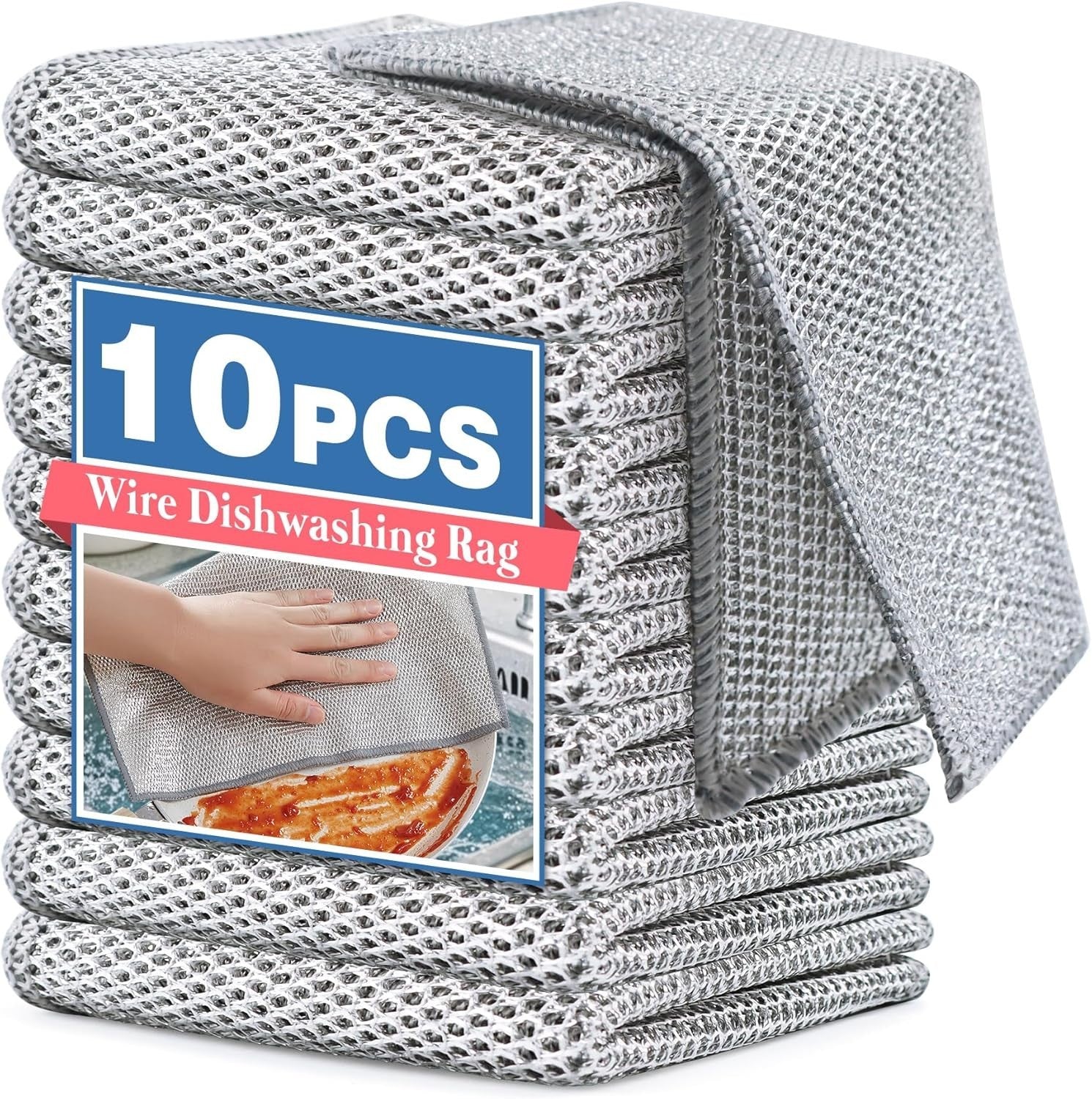 10Pcs Multipurpose Wire Dishwashing Rags - Non-Scratch Scrubbing Cloths - NEW