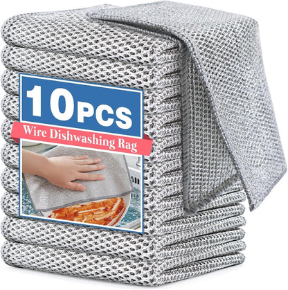 10Pcs Multipurpose Wire Dishwashing Rags - Non-Scratch Scrubbing Cloths - NEW