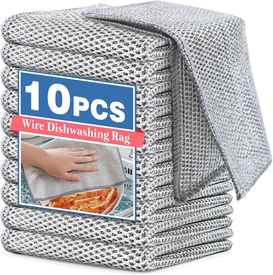 10Pcs Multipurpose Wire Dishwashing Rags - Non-Scratch Scrubbing Cloths - NEW