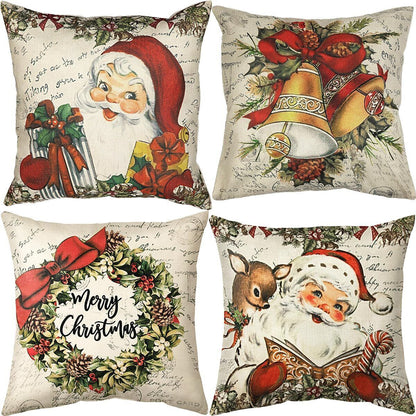 Vintage Christmas Santa Pillow Case Set Santa Reindeer Wreath Pillow Covers 4PCS 18X18''