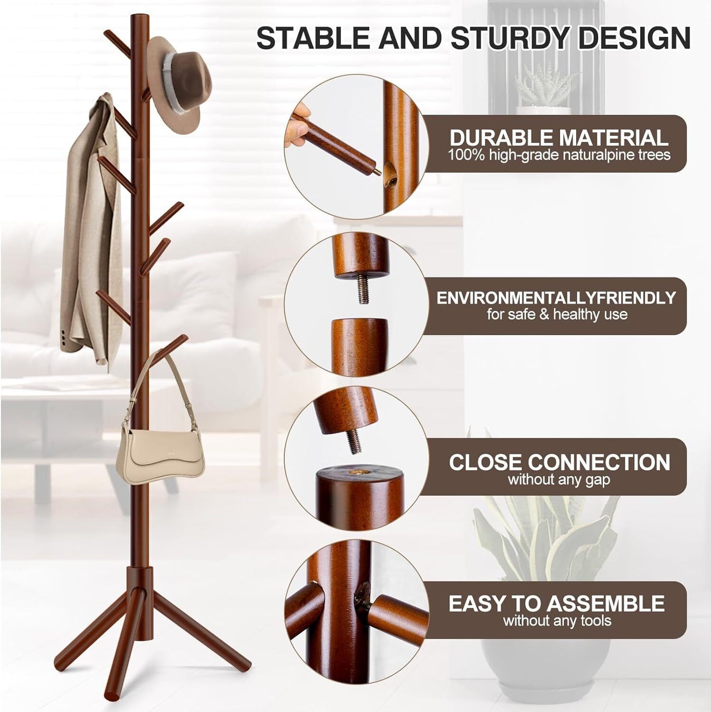 Modern Multifunctional Coat Hanger, Wooden Coat Rack Stand with Adjustable Height, 8 Hooks for Hats & Scarves - Space-Saving Entryway Organizer Sturdy