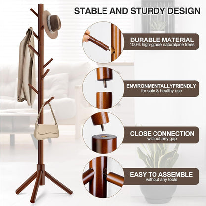 Modern Multifunctional Coat Hanger, Wooden Coat Rack Stand with Adjustable Height, 8 Hooks for Hats & Scarves - Space-Saving Entryway Organizer Sturdy