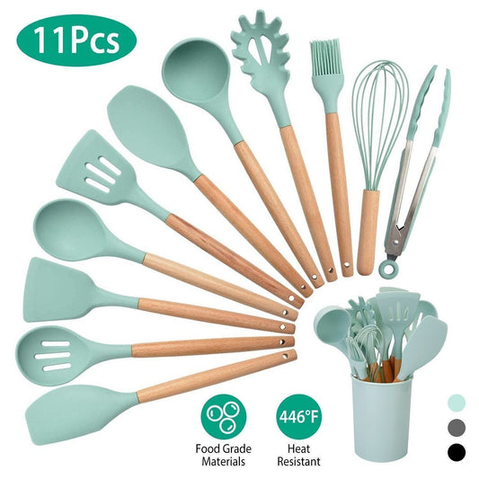11Pcs Kitchen Silicone Cooking Utensil Set with Holder Heat Resist Wooden Handle